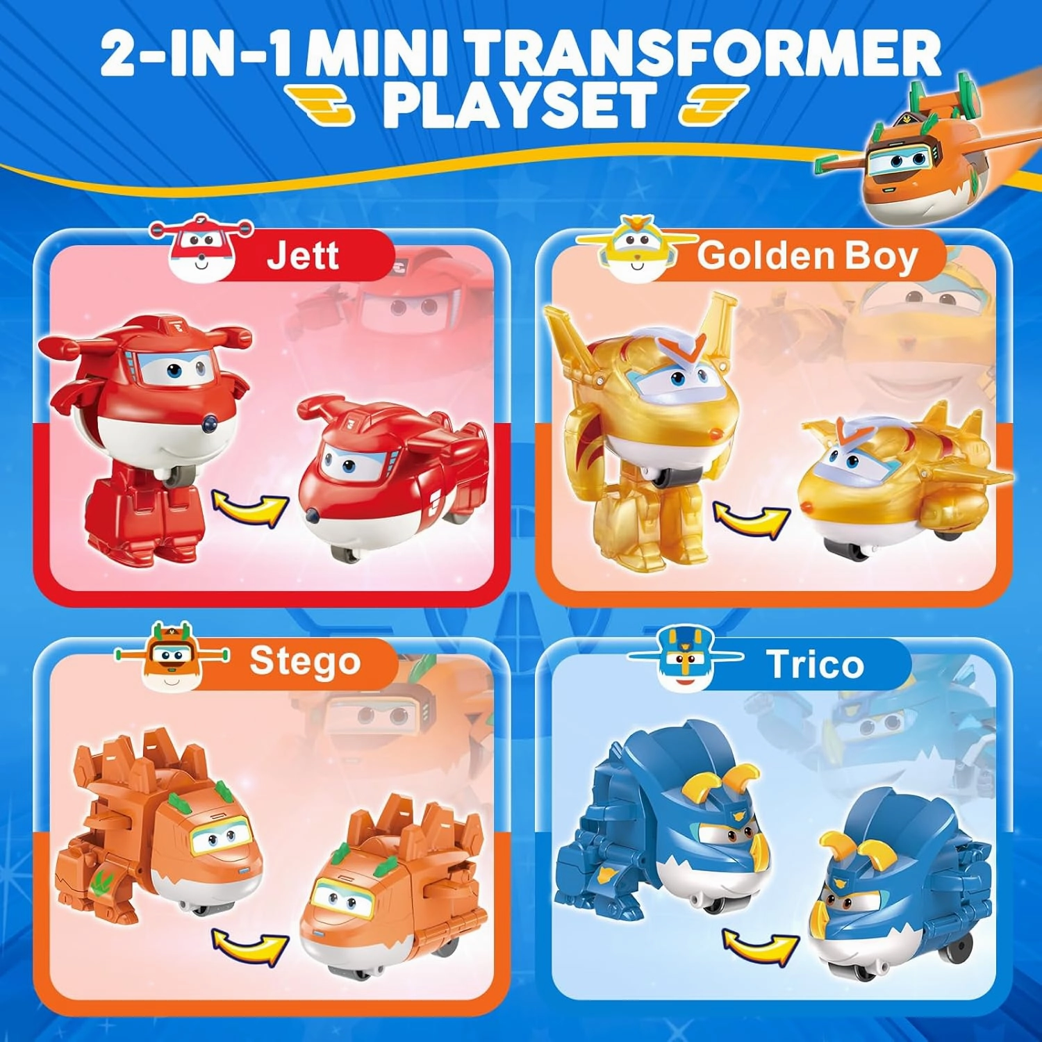 Super Wings 14-Pack Transforming Toys, 2 inch Airplane Collector Character Toy with Dinosaur Mini Collectible Action Figure with Poke Open Gift Pack, Small Figurines Kids Toy for Boys Girls Ages 3 Up