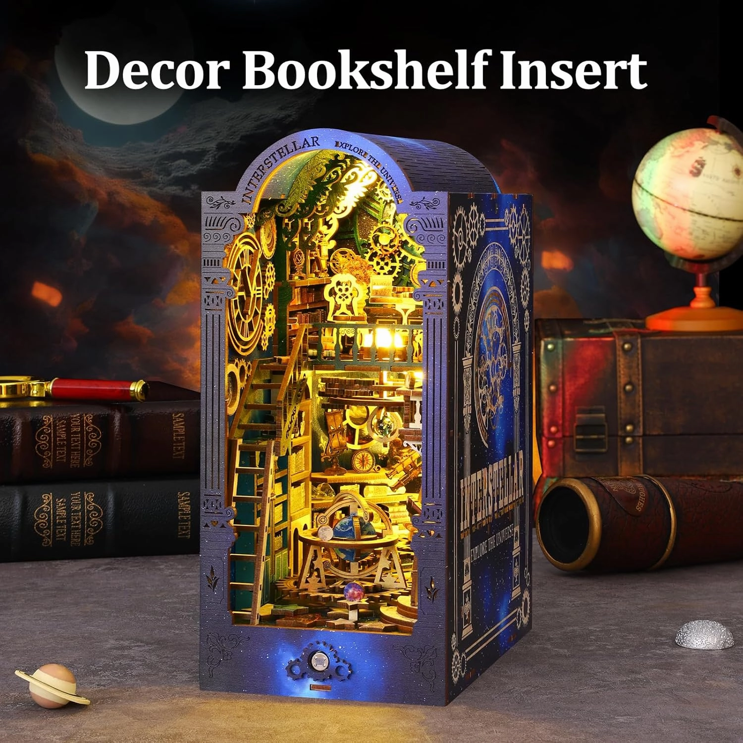 Sutinban Book Nook Kit, DIY 3D Wooden Puzzle Booknook Bookshelf Insert Decor, Bookend Diorama Great Gift for Teens and Adults, DIY Miniature Dollhouse Kit (Interstellar Exploration)