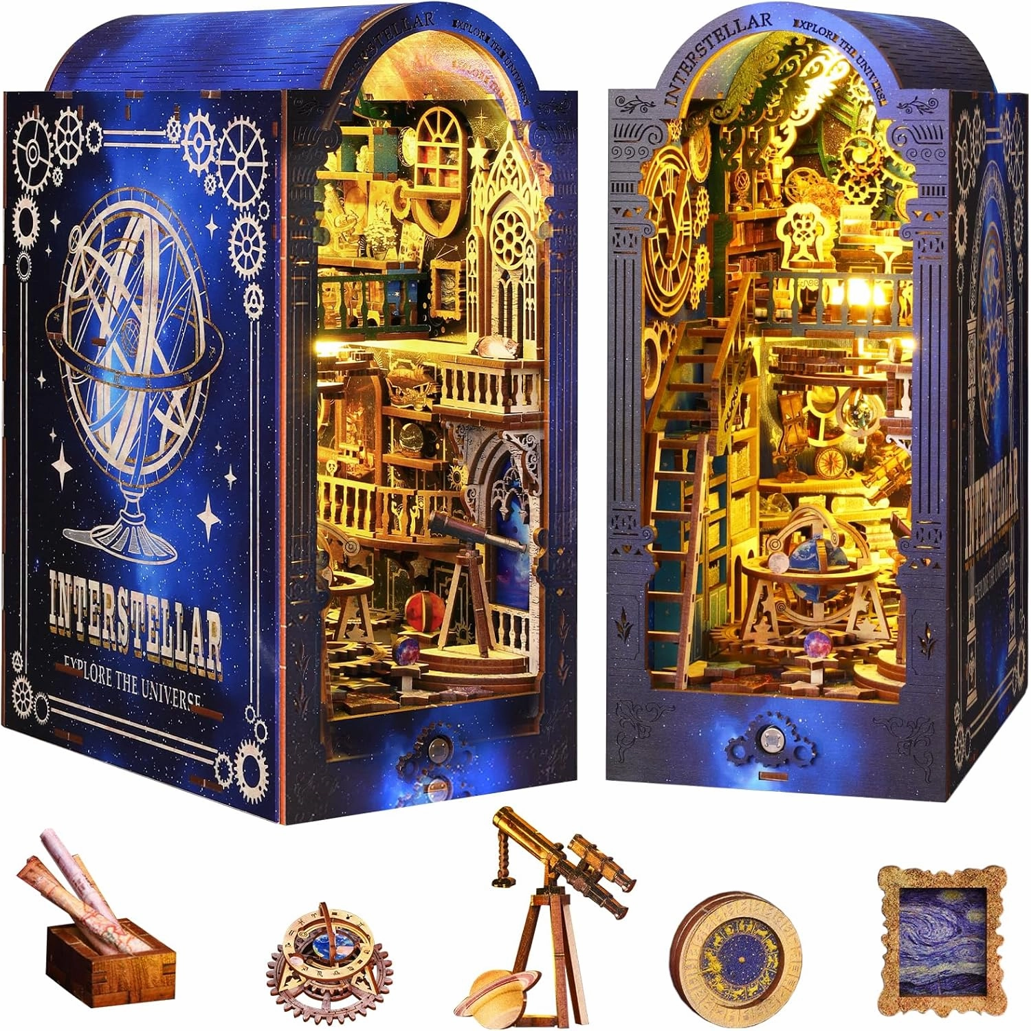 Sutinban Book Nook Kit, DIY 3D Wooden Puzzle Booknook Bookshelf Insert Decor, Bookend Diorama Great Gift for Teens and Adults, DIY Miniature Dollhouse Kit (Interstellar Exploration)