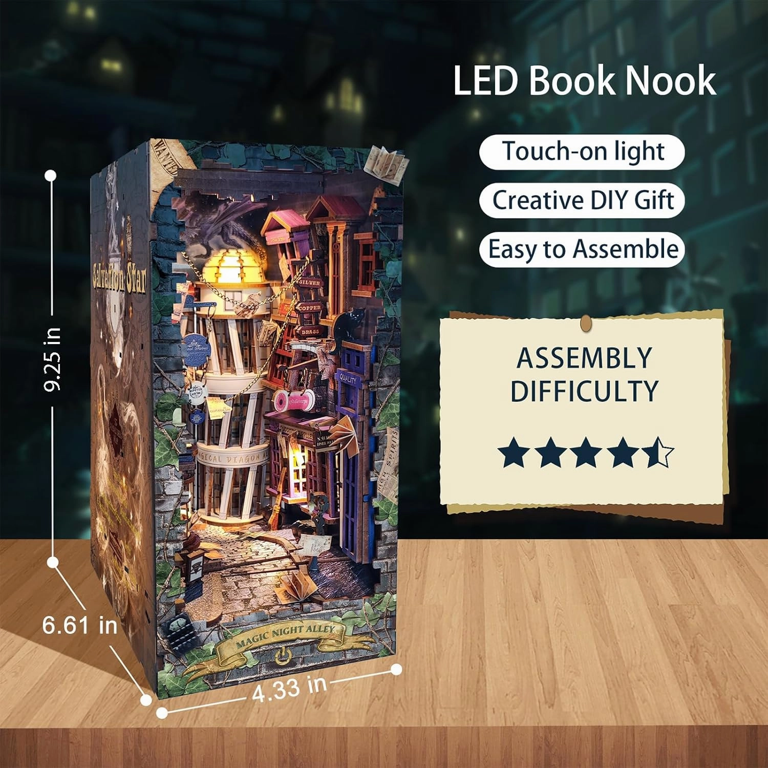 Sutinban DIY Book Nook Kit, 3D Wooden Puzzle DIY Miniature House Kit, Magic Book Nook Shelf Insert Decoration, Dollhouse Booknook Bookshelf Insert Decor with LED Light (Magic Night Alley)