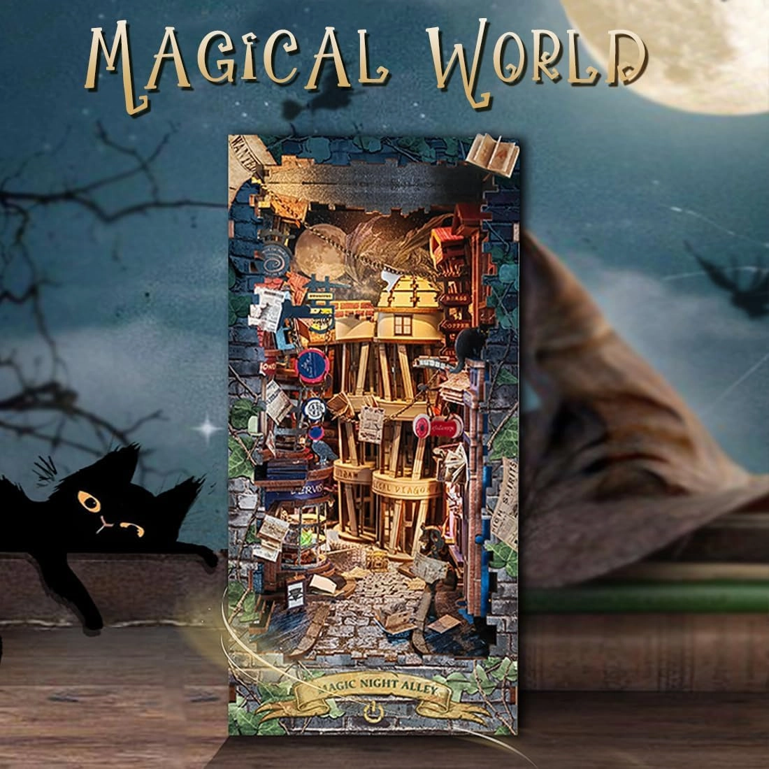 Sutinban DIY Book Nook Kit, 3D Wooden Puzzle DIY Miniature House Kit, Magic Book Nook Shelf Insert Decoration, Dollhouse Booknook Bookshelf Insert Decor with LED Light (Magic Night Alley)