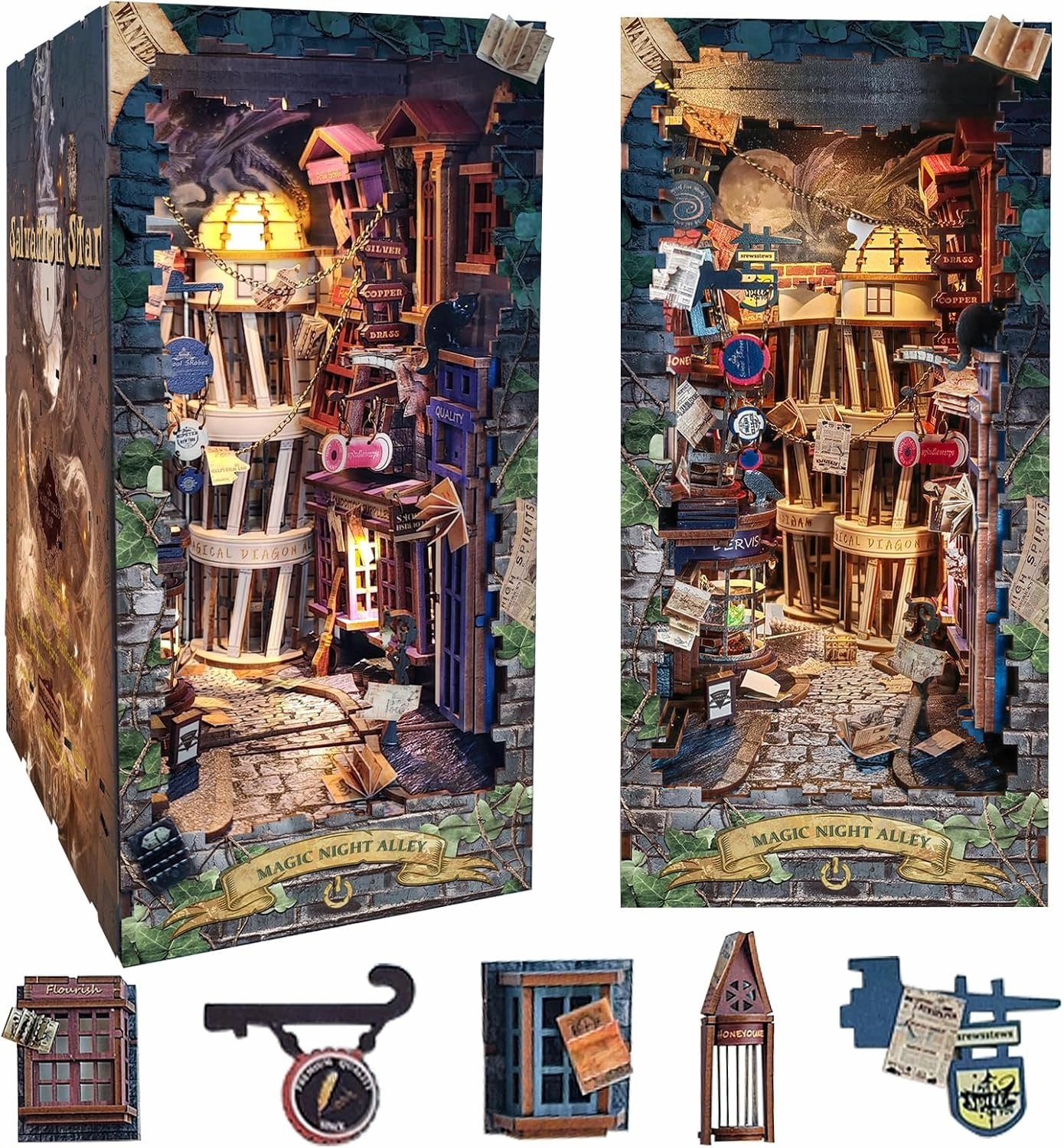 Sutinban DIY Book Nook Kit, 3D Wooden Puzzle DIY Miniature House Kit, Magic Book Nook Shelf Insert Decoration, Dollhouse Booknook Bookshelf Insert Decor with LED Light (Magic Night Alley)