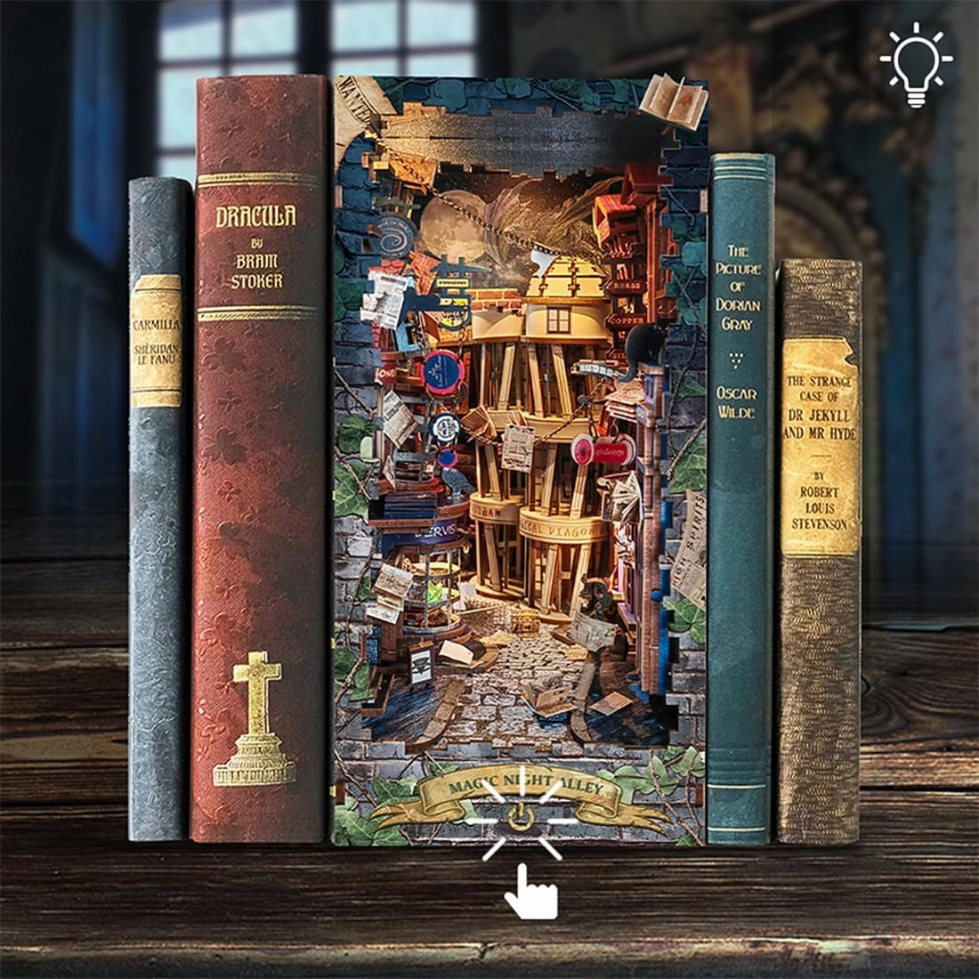 Sutinban DIY Book Nook Kit, 3D Wooden Puzzle DIY Miniature House Kit, Magic Book Nook Shelf Insert Decoration, Dollhouse Booknook Bookshelf Insert Decor with LED Light (Magic Night Alley)