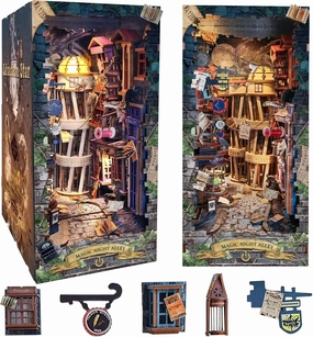 Sutinban DIY Book Nook Kit, 3D Wooden Puzzle DIY Miniature House Kit, Magic Book Nook Shelf Insert Decoration, Dollhouse Booknook Bookshelf Insert Decor with LED Light (Magic Night Alley)