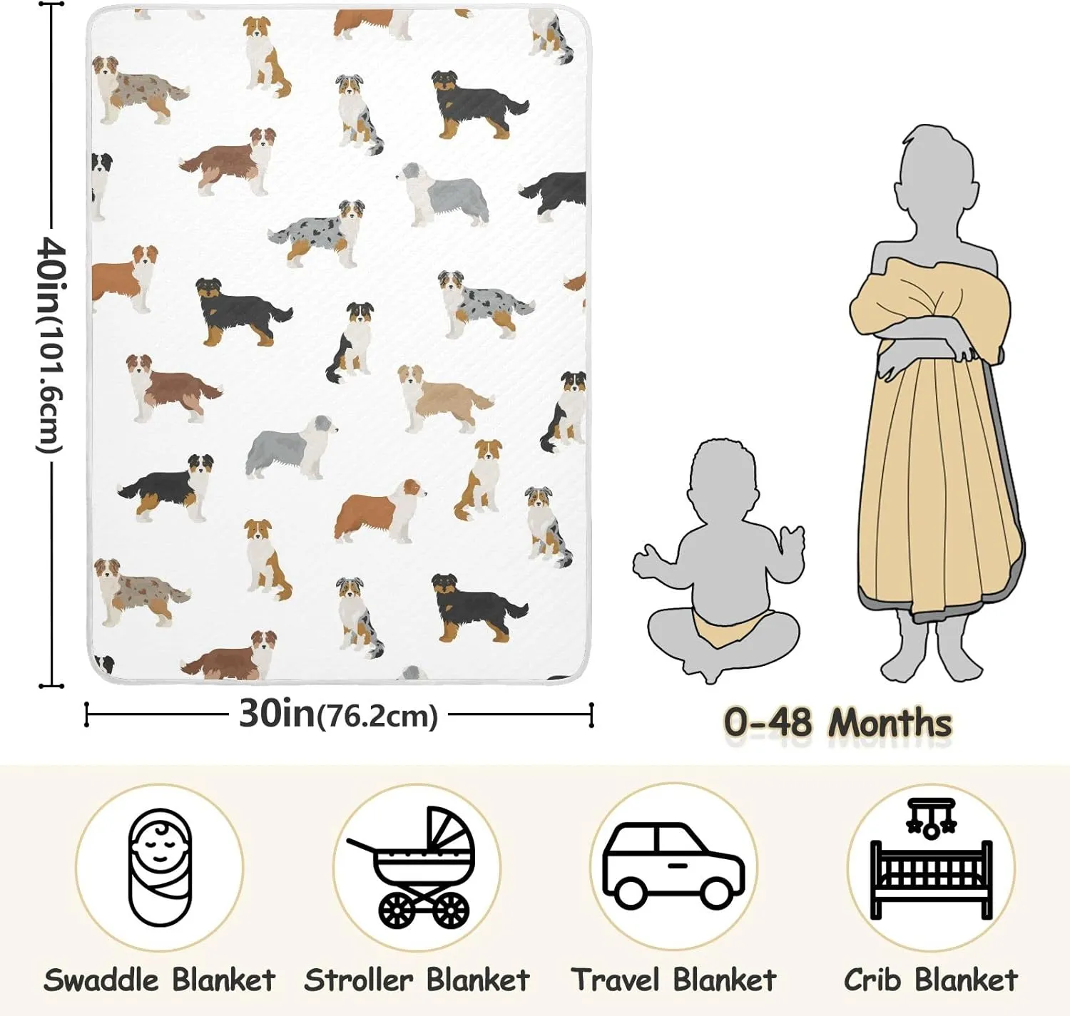 Swaddle Blanket Australian Shepherd Dog Cotton Blanket for Infants, Receiving Blanket, Lightweight Soft Swaddling Blanket for Crib, Stroller, Nursery Blankets, 30x40 in