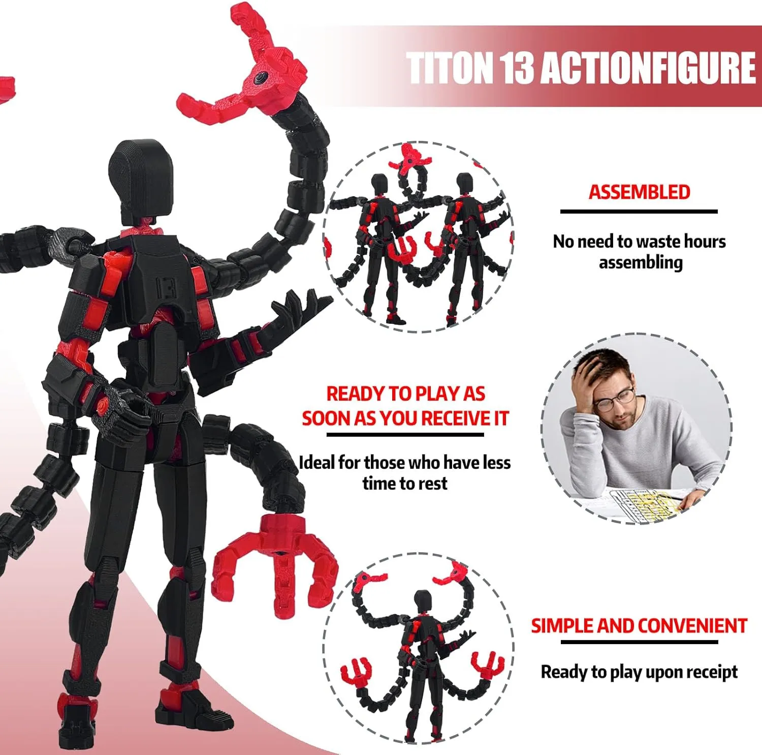 T13 Action Figure Already Assembled Accessories, T13 Multi-Jointed Movable,for Collectors Desktop Decorations t-13 Movability 3D Printed Toys (Black Red, 7.2inch)