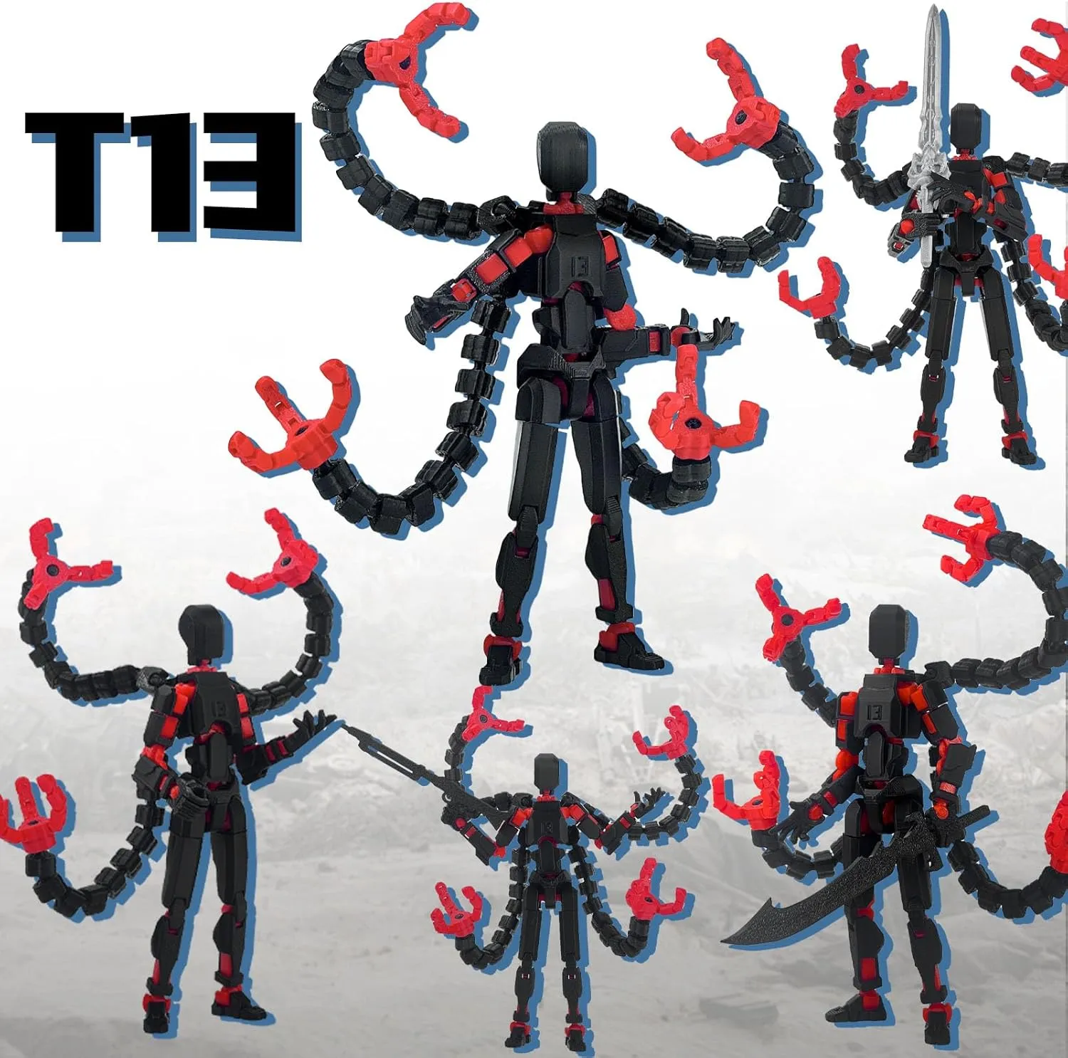 T13 Action Figure Already Assembled Accessories, T13 Multi-Jointed Movable,for Collectors Desktop Decorations t-13 Movability 3D Printed Toys (Black Red, 7.2inch)