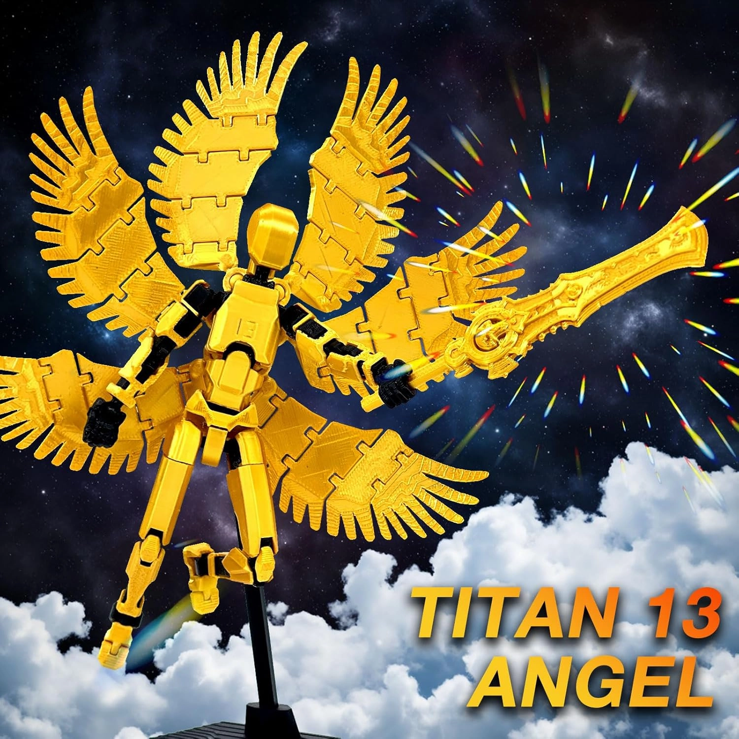 T13 Action Figure Already Assembled, Devil Wings Titan 13 Action Figure 3D Printed T13 Action Figures Set, T 13 Dummy Robo 13, Lucky 13, Dummy Gift for Collectors Desktop Decorations (Golden Angel)