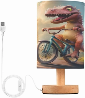 Table Lamp Pink Dinosaur Bicycle Forest Nightstand Lamp with Wood Base LED Bedside Shade Desk Lamp for Bedroom Living Room Dorm Office Decor