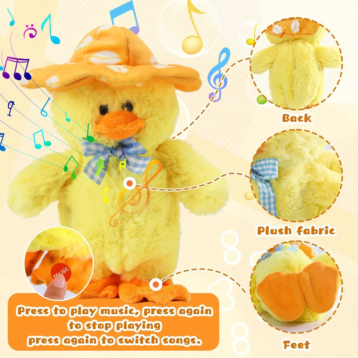 Talking Singing Duck Toys Repeats What You Say Walking Duckling Electric Interactive Animated Toy Mimicking Recording Plush Gifts for Baby,Yellow,8''