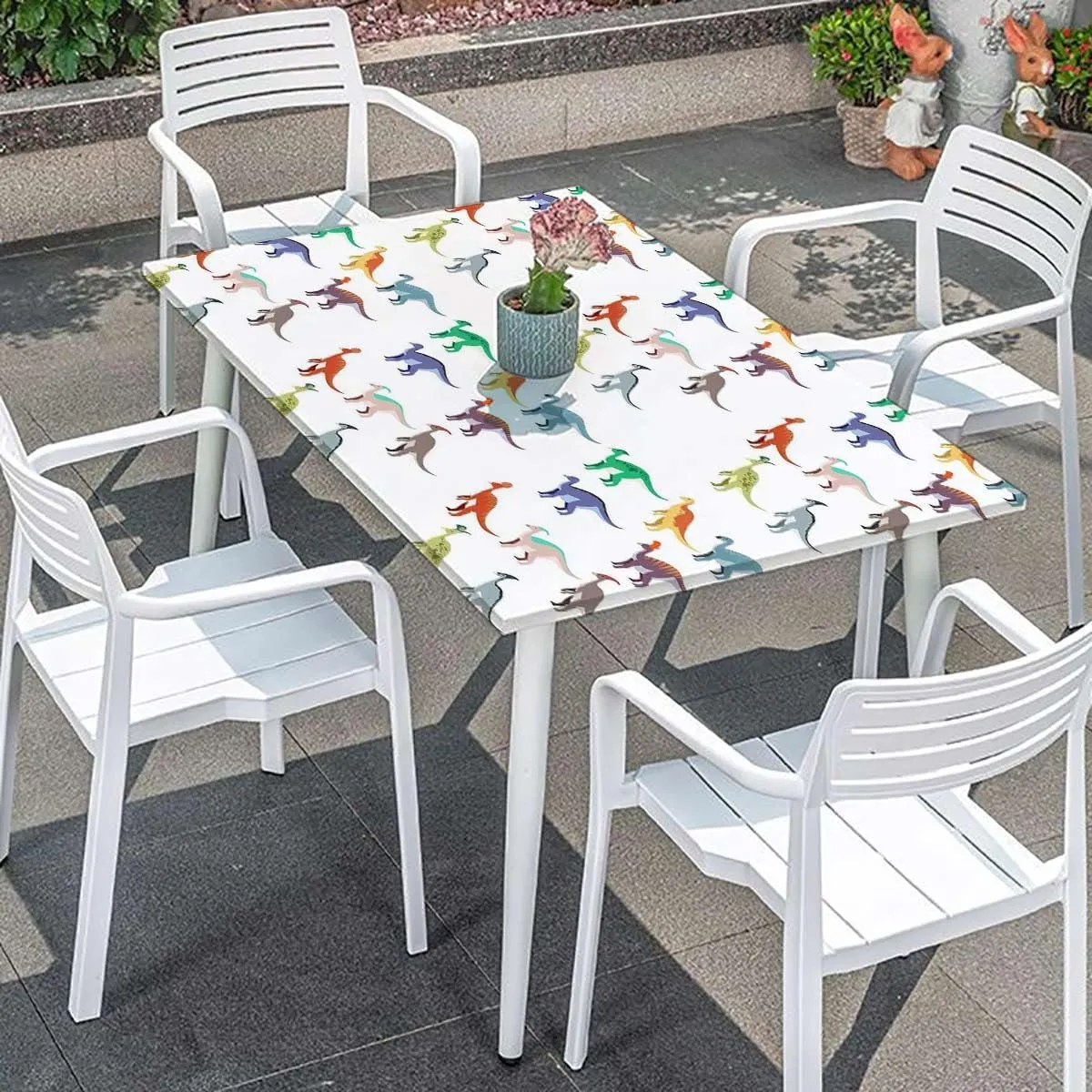 Teal White Elastic Edge Fitted Table Cloth, Colorful Various Different Animals Waterproof Wipeable Table Cloth Protector Dinosaur Fits up 4 Foot Tables
