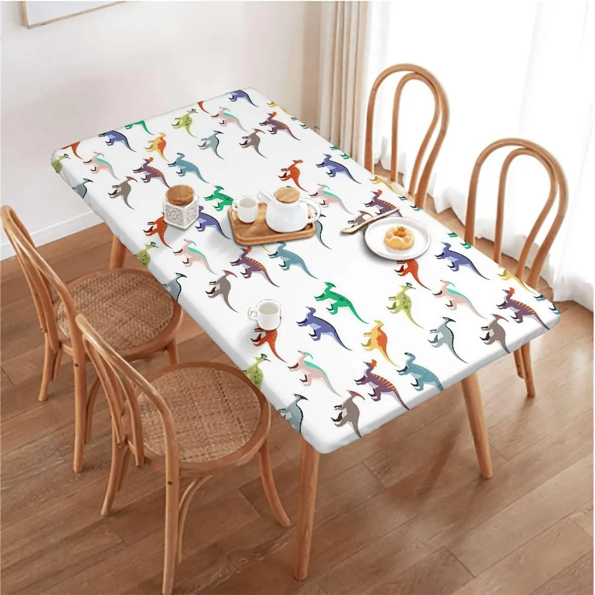 Teal White Elastic Edge Fitted Table Cloth, Colorful Various Different Animals Waterproof Wipeable Table Cloth Protector Dinosaur Fits up 4 Foot Tables