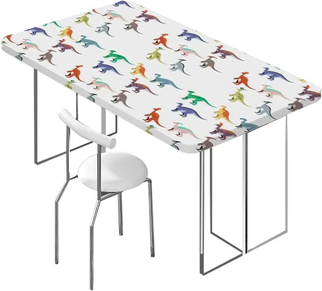 Teal White Elastic Edge Fitted Table Cloth, Colorful Various Different Animals Waterproof Wipeable Table Cloth Protector Dinosaur Fits up 4 Foot Tables