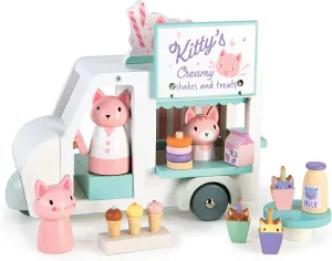 Tender Leaf Toys - Kitty’s Milkshake Van - Wood Pretend Play Food Truck on Wheels with Cats, Milkshakes, Ice Cream, Doughnuts and Accessories - Encourages Imaginative Play and Storytelling - Age 3 