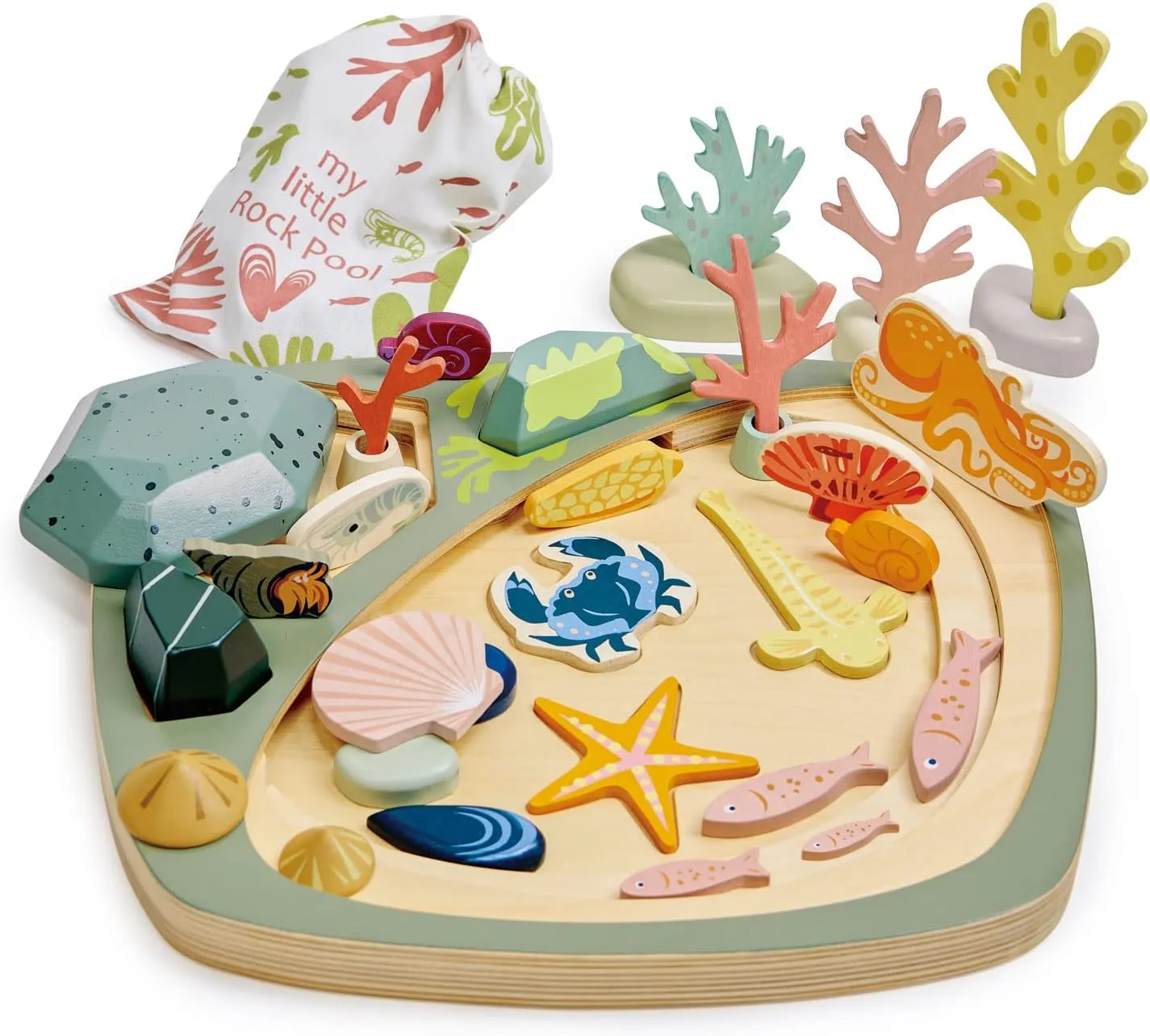 Tender Leaf Toys - My Little Rock Pool - 35 Piece Wooden Sea Life Set with Illustrated Drawstring Bag - Educational Play toy, Improve Fine Motor Skills, Shape Sorting Play for Boys and Girls - Age 3  