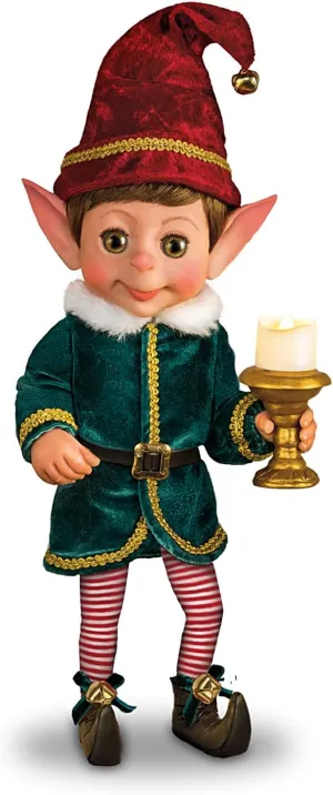 The Ashton-Drake Galleries Charlie The Christmas Elf 14" Tall Poseable Doll Featuring an Elaborate Fabric Costume with Illuminating Candle