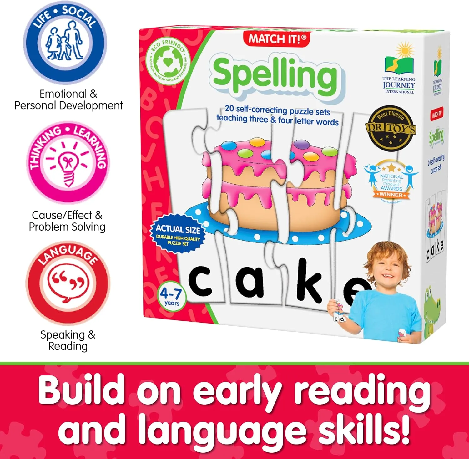 The Learning Journey: Match It! - Spelling - 20 Piece Self-Correcting Spelling Puzzle for Three and Four Letter Words with Matching Images - Learning Toys for 4 Year Olds - Award Winning Toys