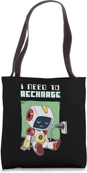 Tired Cyborg Sleepy Recharge Retro Robot Charge Energy Bot Tote Bag