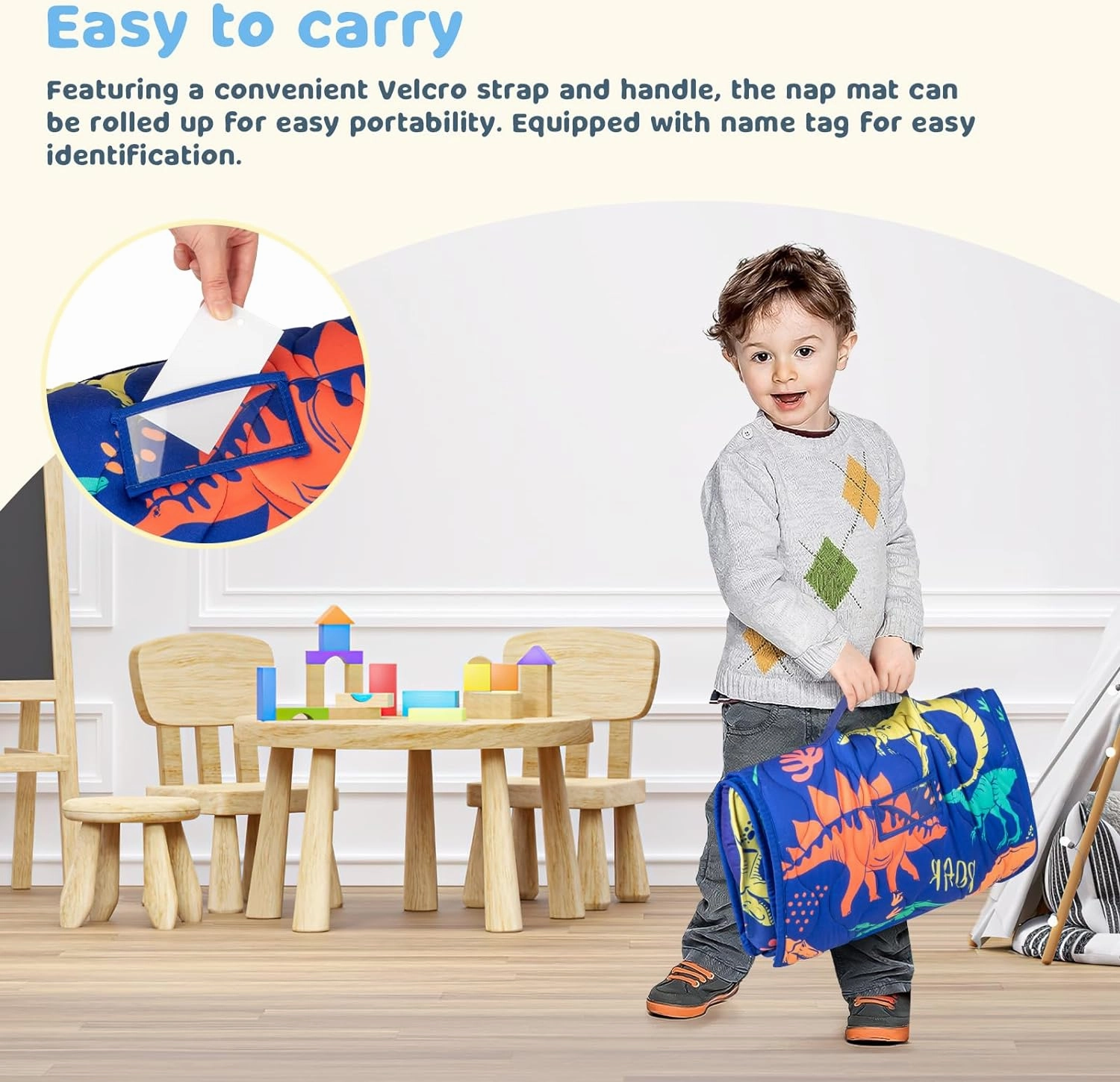Toddler Nap Mat Extra Large 55‘’*29‘’ for 2-7 Years, Cotton Daycare Nap Mats with Removable Minky Blanket and Pillow, Boys Sleeping Mat Nap Mat for Preschool Kindergarten, Sleeping Bag Blue Dinosaur