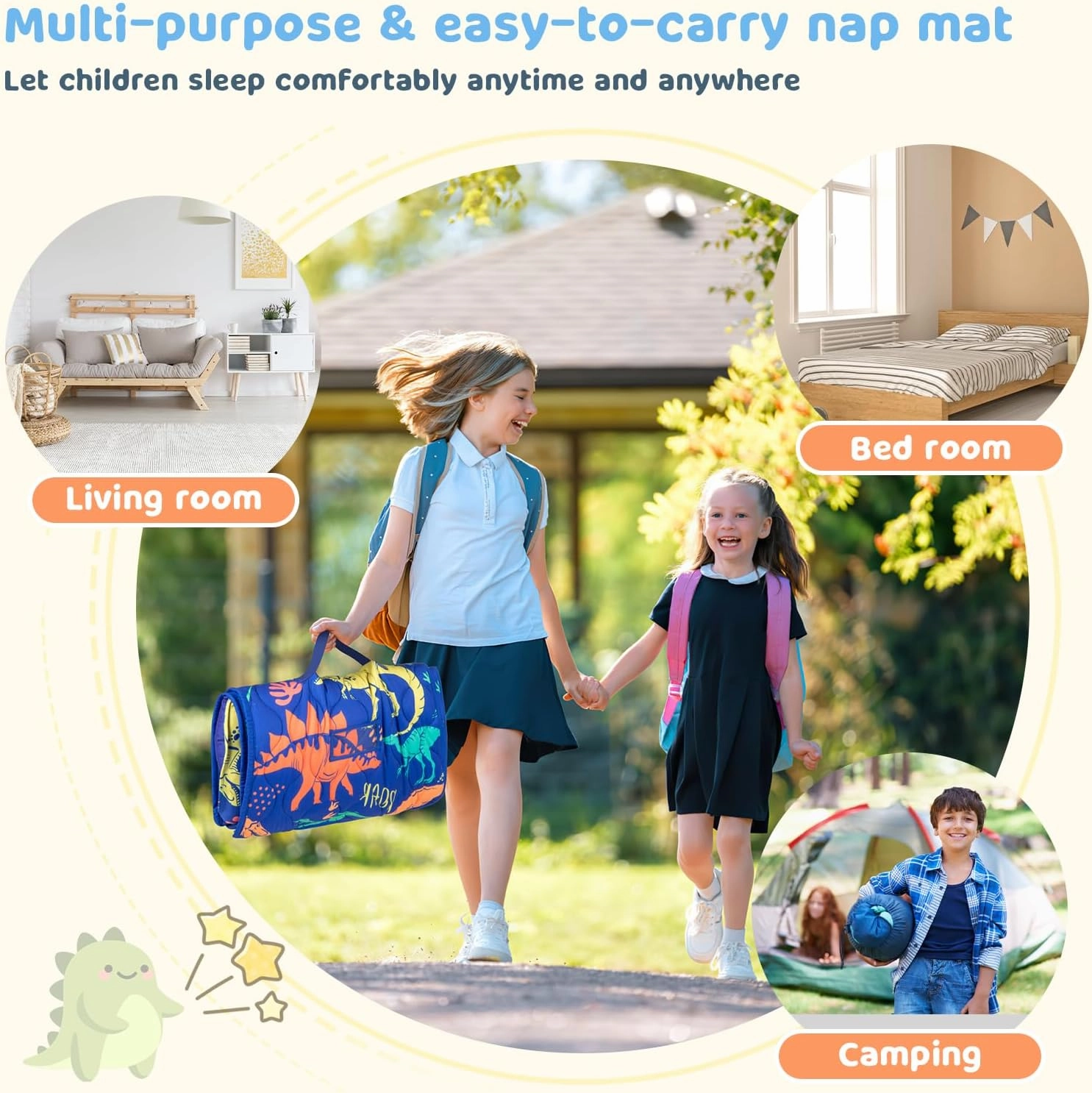 Toddler Nap Mat Extra Large 55‘’*29‘’ for 2-7 Years, Cotton Daycare Nap Mats with Removable Minky Blanket and Pillow, Boys Sleeping Mat Nap Mat for Preschool Kindergarten, Sleeping Bag Blue Dinosaur