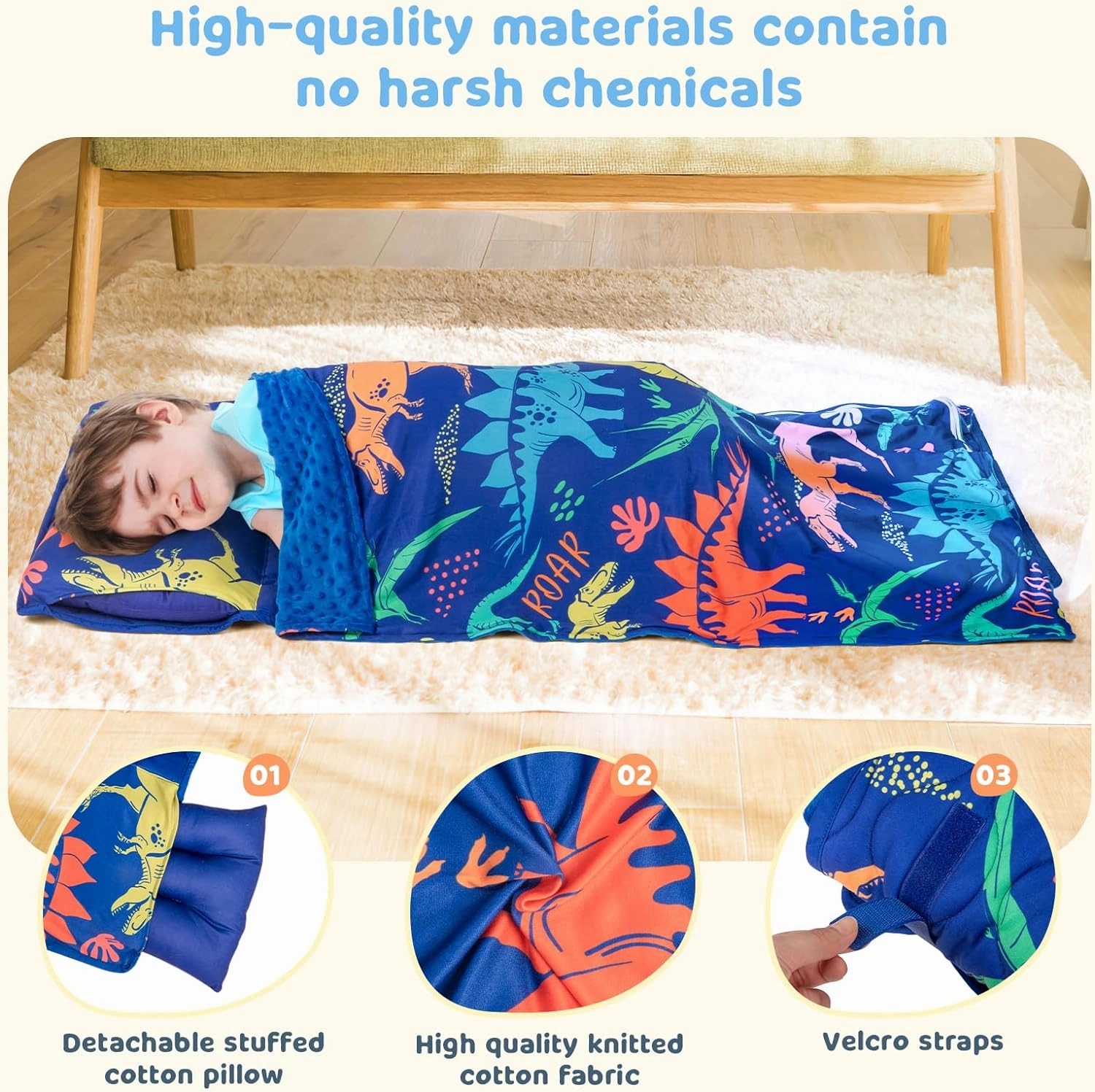 Toddler Nap Mat Extra Large 55‘’*29‘’ for 2-7 Years, Cotton Daycare Nap Mats with Removable Minky Blanket and Pillow, Boys Sleeping Mat Nap Mat for Preschool Kindergarten, Sleeping Bag Blue Dinosaur