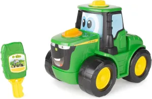 TOMY John Deere Key-n-Go Johnny Tractor Toy with Lights and Sounds - Interactive Driving Toy Tractor Includes 12 Interactive Ways to Play - Toddler Toys Ages 3 Years and Up