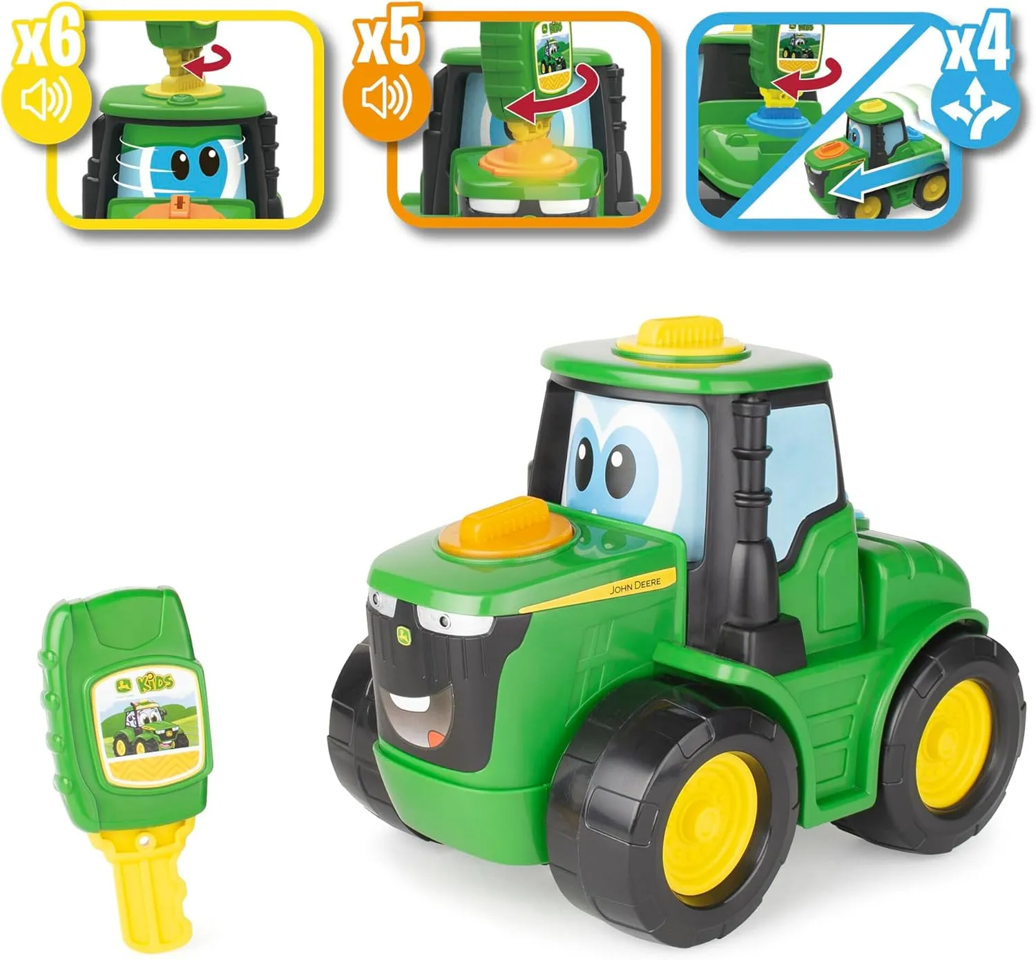 TOMY John Deere Key-n-Go Johnny Tractor Toy with Lights and Sounds - Interactive Driving Toy Tractor Includes 12 Interactive Ways to Play - Toddler Toys Ages 3 Years and Up