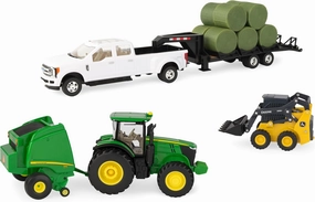 TOMY John Deere Round Bale Haying Set - 1:32 Scale - Includes John Deere 7R Tractor, 569 Round Baler, and 381G Skid Steer Toy - Construction and Farm Toys - Ages 3 Years and Up