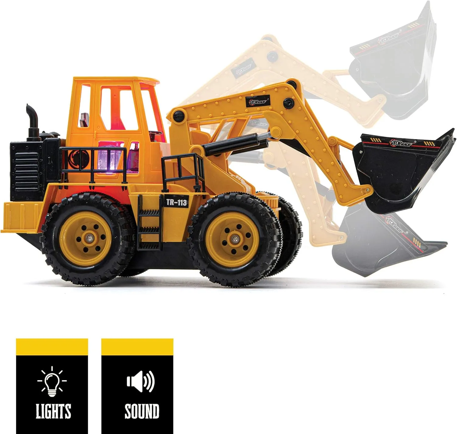 Top Race TR-113 5 Channel Full Functional Remote Control Tractor Toy Front Loader - 14 x 6 x 8 inch Electric RC Remote Control Construction Toy Tractors with Lights and Sounds