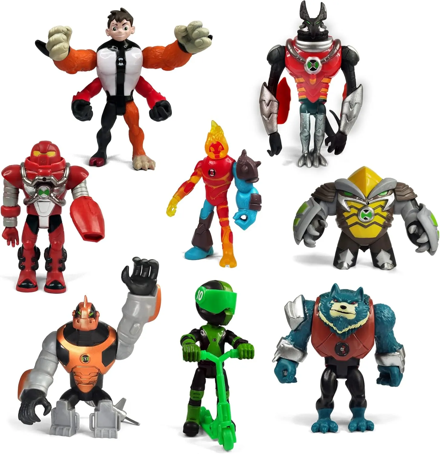 Toysvill Protector of Earth Action Figures - 8 Figurines Set (Four Arms, Jetray, Overflow, Heatblast, Armored Cannonbolt, Humungousaur, Ben Tennyson, Bashmouth)
