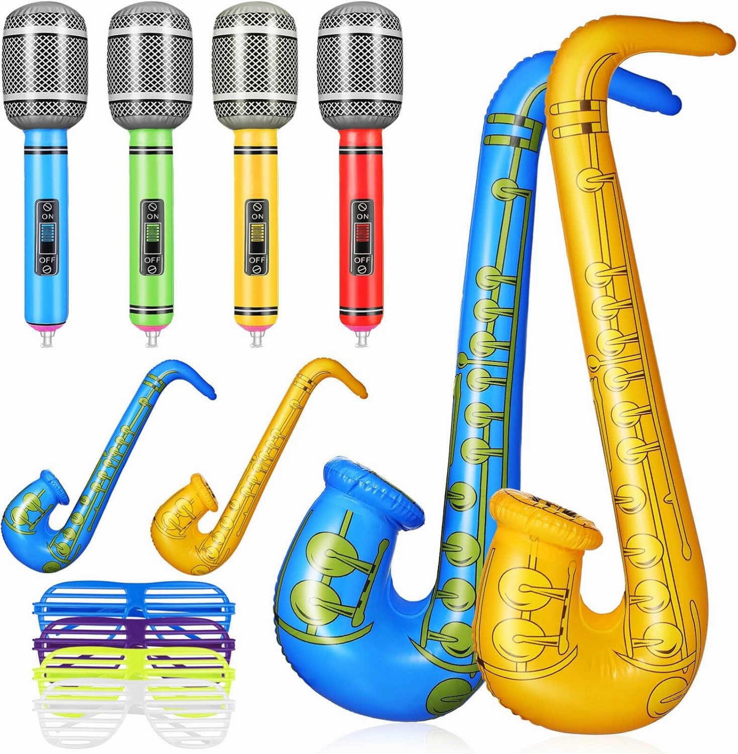Toyvian 12pcs Inflatable Instruments Party Props Microphones Saxophones Glasses for Music Decorations Fun Interactive Accessories for Birthday Halloween Beach Parties