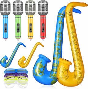 Toyvian 12pcs Inflatable Instruments Party Props Microphones Saxophones Glasses for Music Decorations Fun Interactive Accessories for Birthday Halloween Beach Parties