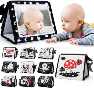 Tummy Time Mirror Toys, Baby Toys 6-12 Months Black and White High Contrast Sensory 3D Activity Montessori Interactive Crinkle Books for Boys Girls Gifts (Ocean)