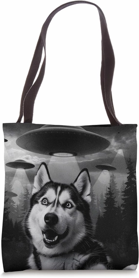 UFO Encounter Husky Dog Selfie Photo Alien Invasion Tote Bag