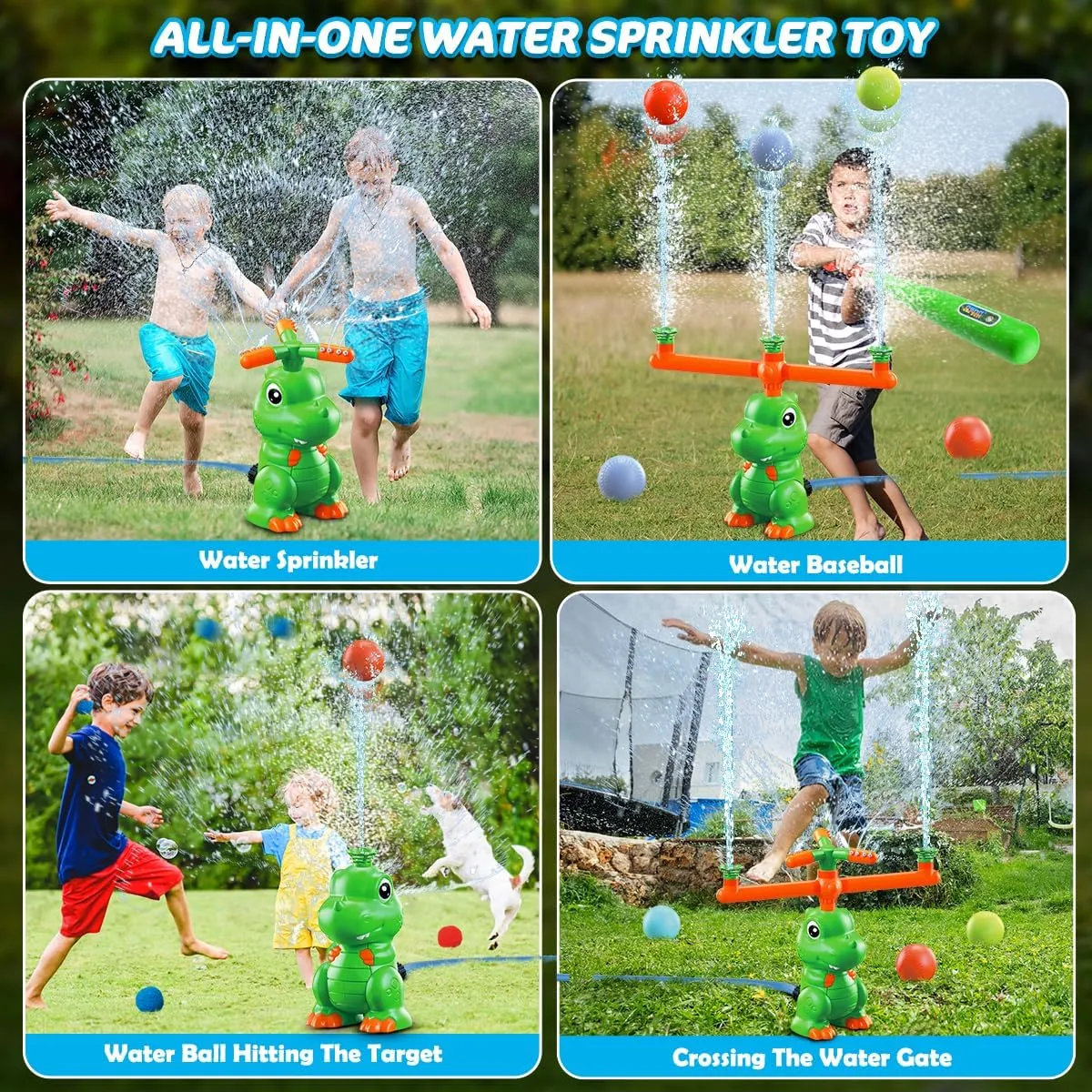 VATOS Water Sprinkler Baseball Outdoor Toy for Kids, 4 in 1 Dinosaur 360° Spin Sprinkler Water Tee-Ball & Ball, Summer Fun Play Games Outside Backyard Yard Garden Lawn for Toddlers Boys Girls