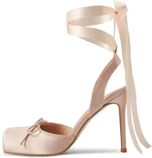 Vertundy Women's Satin Ballet Heels Lace Up Square Toe Stiletto High Bow Ballerina Heels