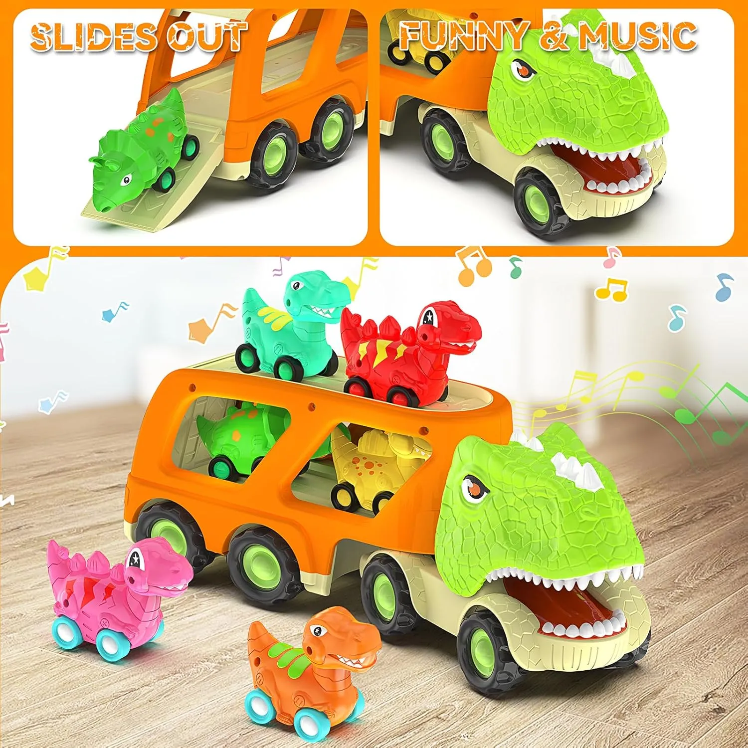 Veslier Dinosaur Toys for Kids 2-4 3-5 with 6 Dinosaur Car Vehicles, Dino Transport Carrier Truck with Music and Roaring Sound Christmas Birthday Gift for 2  Year Old Boys.