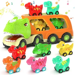 Veslier Dinosaur Toys for Kids 2-4 3-5 with 6 Dinosaur Car Vehicles, Dino Transport Carrier Truck with Music and Roaring Sound Christmas Birthday Gift for 2  Year Old Boys.