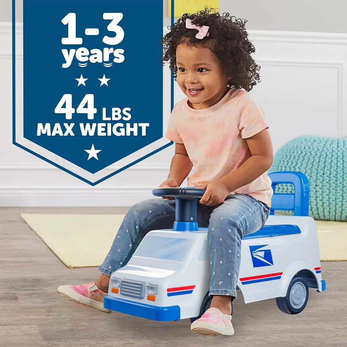 WADDLE USPS Mail Truck Toddler Ride on Toys - Foot to Floor, Lights, Sounds, Interactive Toys, Includes Postal Box, 2 Envelopes, Toddler Toys, Easy Assembly, Durable Quality, Up to 44 lbs