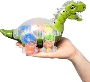Walking Light-Up Gear T-Rex with Light & Music and Roaring Sound (Blue or Green) (9.5") Plastic. Transparent Gear Dino Dinosaur Toys for Kids 3 to 5. (Green)