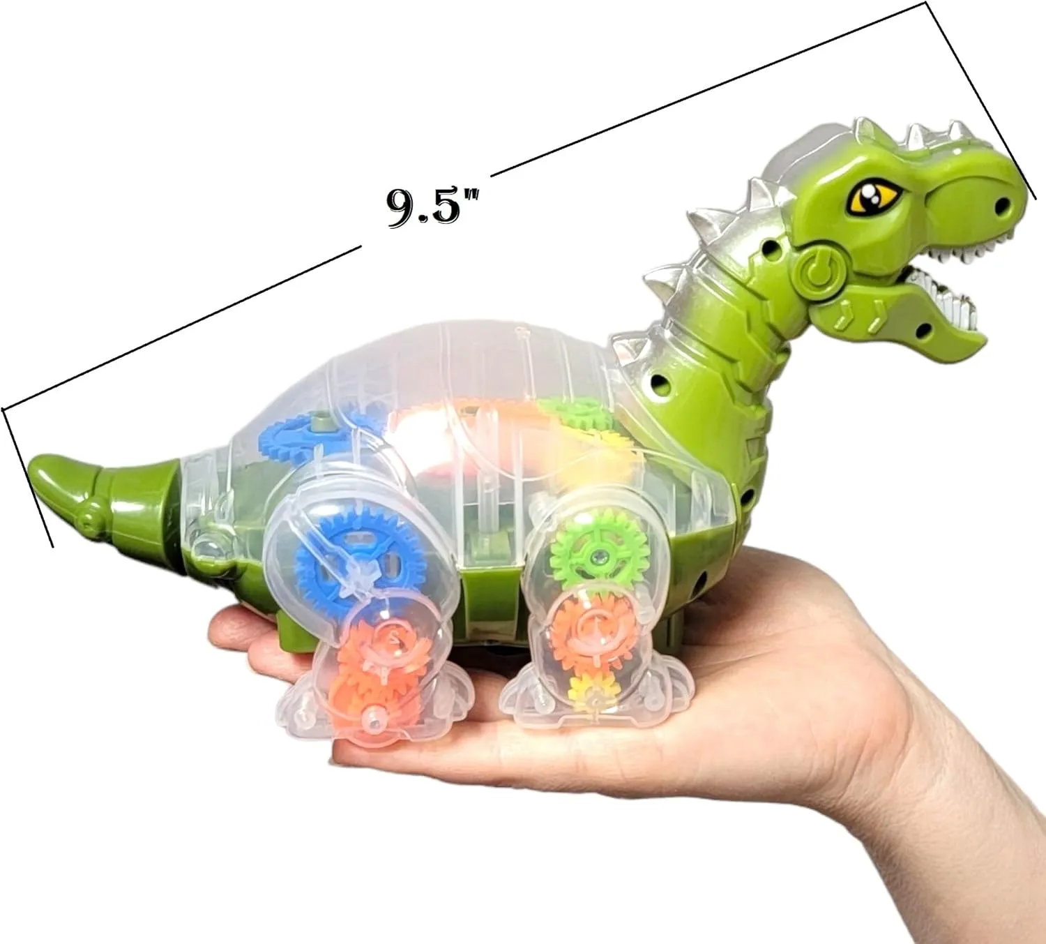 Walking Light-Up Gear T-Rex with Light & Music and Roaring Sound (Blue or Green) (9.5") Plastic. Transparent Gear Dino Dinosaur Toys for Kids 3 to 5. (Green)