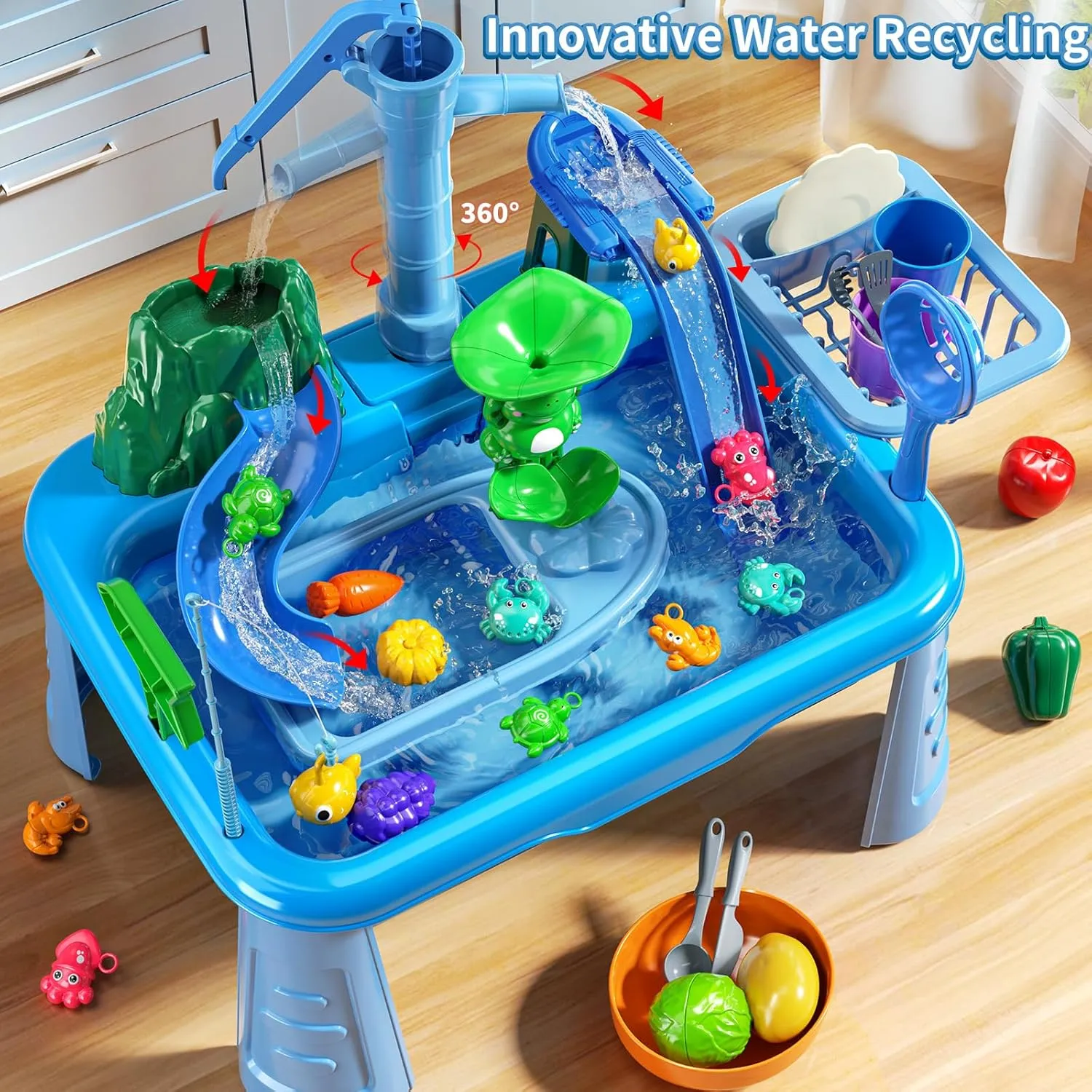 Water Table Play Sink Toy for Kids 2 3 4 5 6 Years Old - Outdoor Kitchen with Running Water, Fishing Games, Toddler Water Play Table for Kids Ages 3-8, Beach Outdoor Toys, Summer Gifts