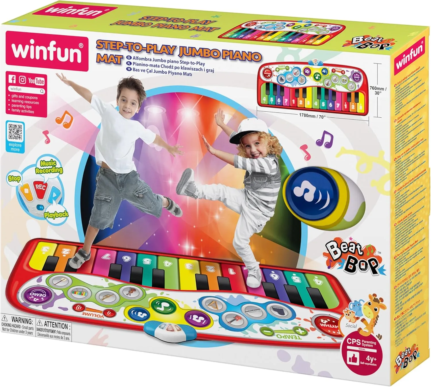 winfun Step to Play Jumbo Piano Mat Musical Mat with 24 Giant Piano Keys, 8 Instrument Sounds, Rhythm Selections, Demo Songs, Record & Playback Features - Perfect for Kids 4  Years 6ft x 2ft