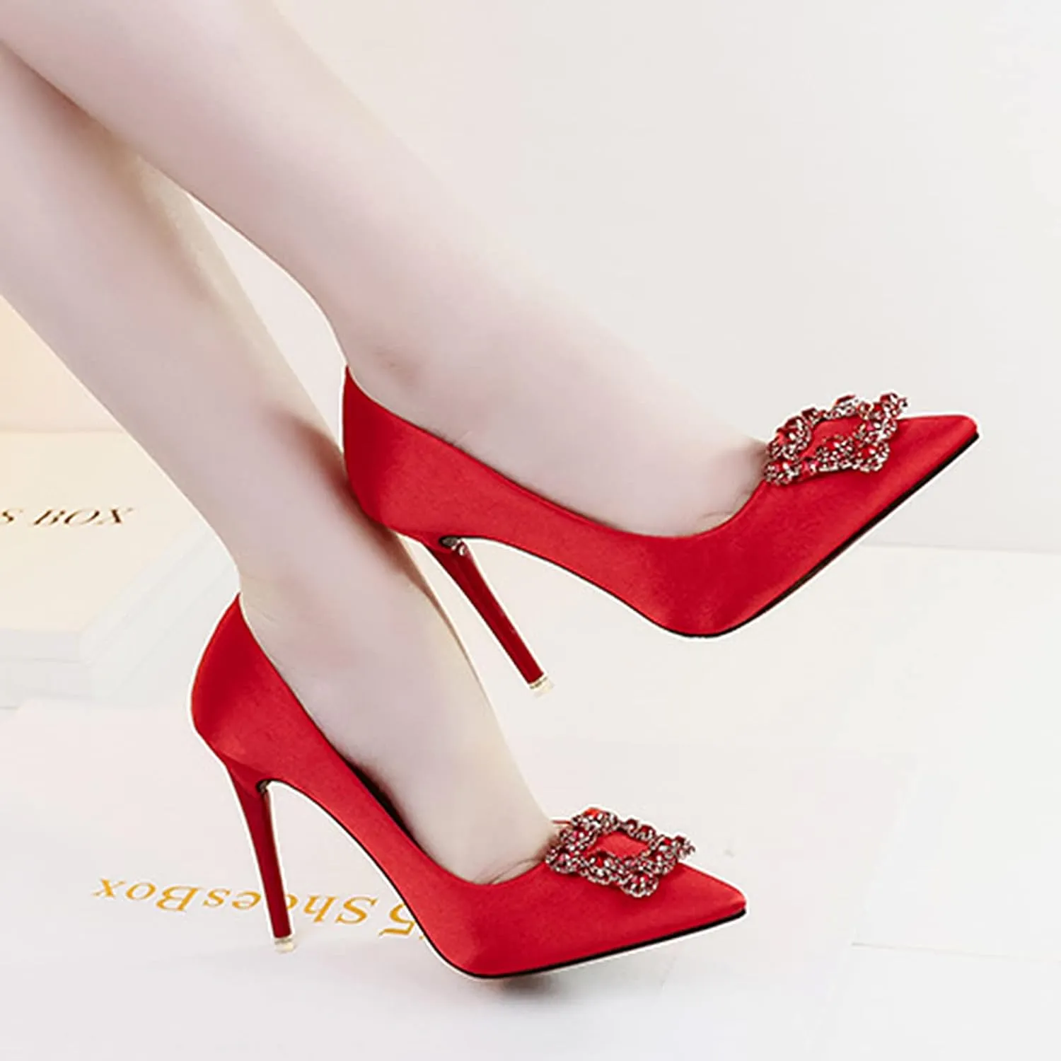 WOilERQ Women's One Pedal High Heel Shallow Mouth Closed Pointed Toe High Heel Square Buckle Rhinestones Fine Heel Wedding Shoes Suitable for Women