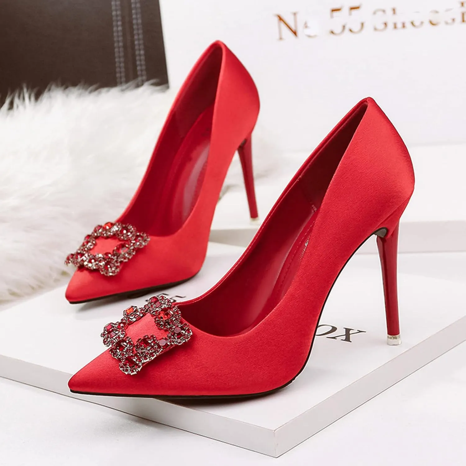 WOilERQ Women's One Pedal High Heel Shallow Mouth Closed Pointed Toe High Heel Square Buckle Rhinestones Fine Heel Wedding Shoes Suitable for Women