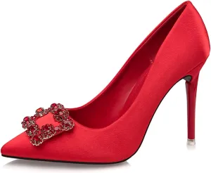 WOilERQ Women's One Pedal High Heel Shallow Mouth Closed Pointed Toe High Heel Square Buckle Rhinestones Fine Heel Wedding Shoes Suitable for Women