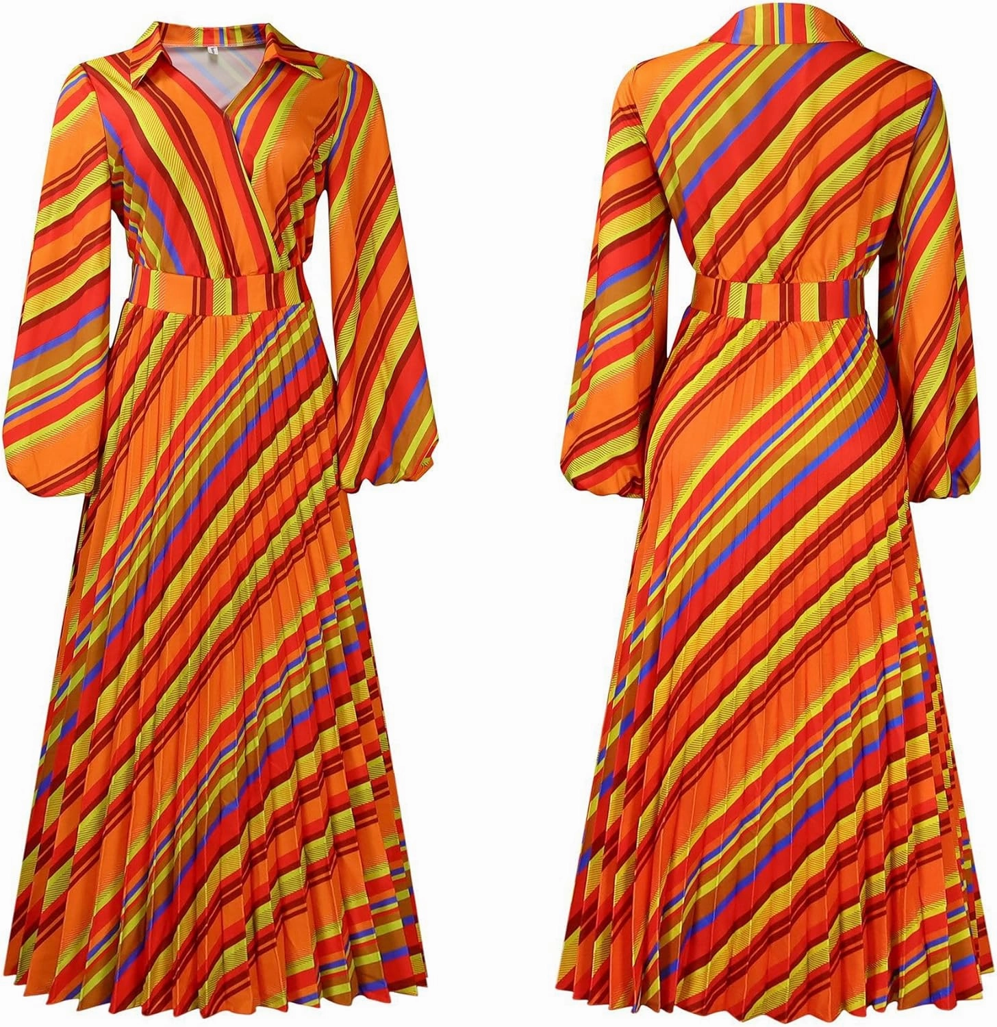 Women's 2024 Striped Casual Midi Dress V Neck Long Sleeve Pleated High Waist Flowy Maxi Dresses