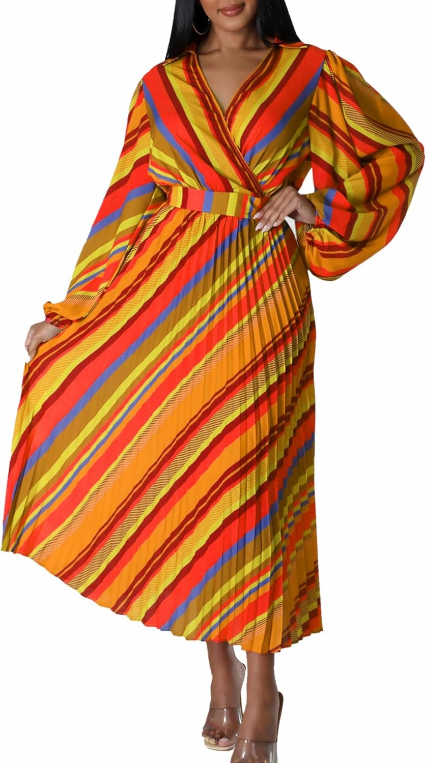 Women's 2024 Striped Casual Midi Dress V Neck Long Sleeve Pleated High Waist Flowy Maxi Dresses