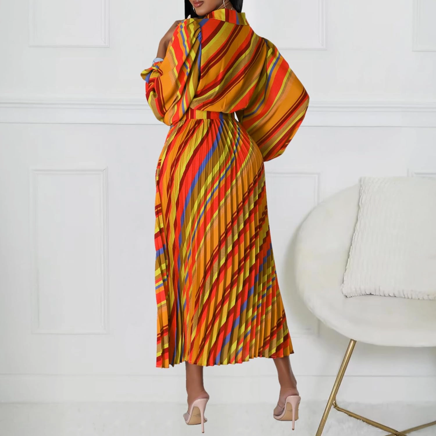 Women's 2024 Striped Casual Midi Dress V Neck Long Sleeve Pleated High Waist Flowy Maxi Dresses