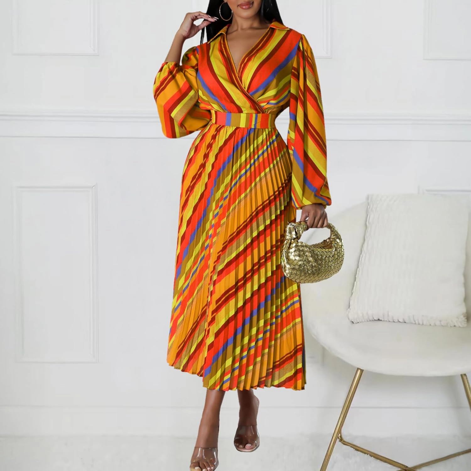 Women's 2024 Striped Casual Midi Dress V Neck Long Sleeve Pleated High Waist Flowy Maxi Dresses